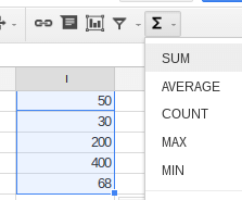 To input the sum of set of numbers, select a set of cells from the column or row then choose the Sum option from the Formula menu.