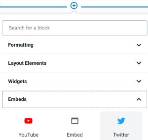 Click the Plus icon to scroll to the Embed a YouTube option.
