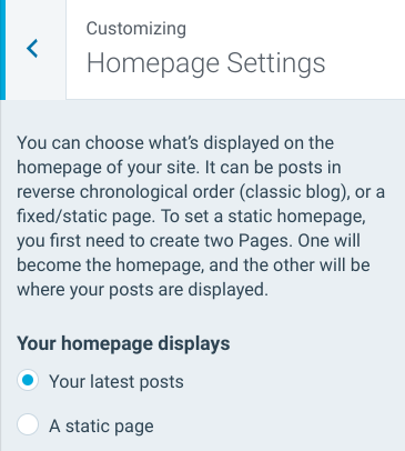 home page settings with show the latest blog posts