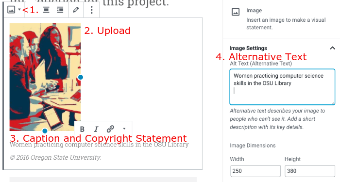 Add a caption below the uploaded icon and copy it to the Alternative Text field at the right.