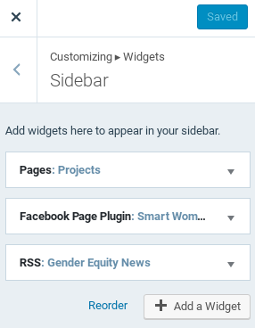 Wordpress Widget screen with several widgets added.